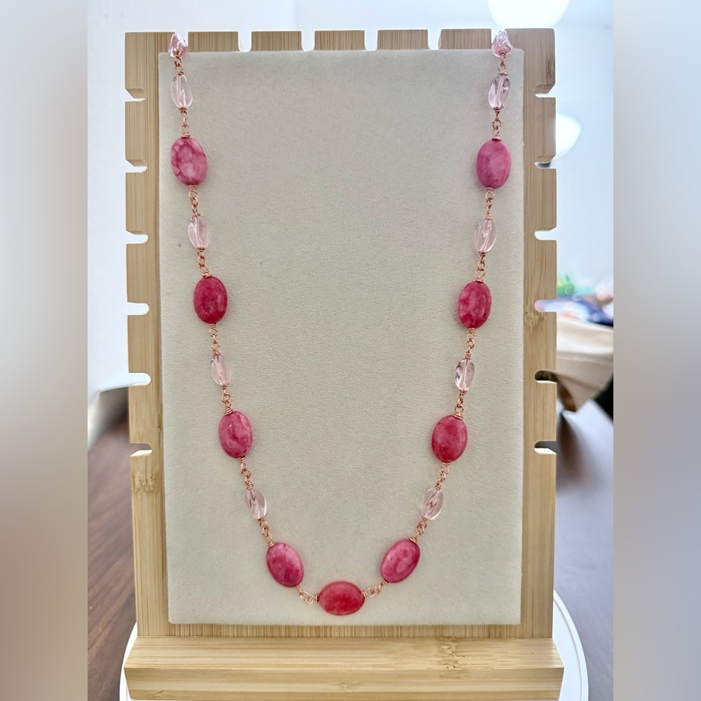 Oval Pink Marble Agate Gemstone Necklace 26”